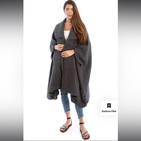 SAACHI Waffle Knit Topper Cape Scarf Cardigan Wrap in Dark Gray Cotton One Size - Picture 6 of 12